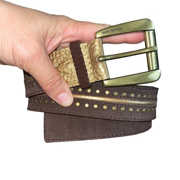 Michael Kors Belt Size Medium Brown Suede Gold Leather Trim Wide Brass Buckle - Picture 2 of 12